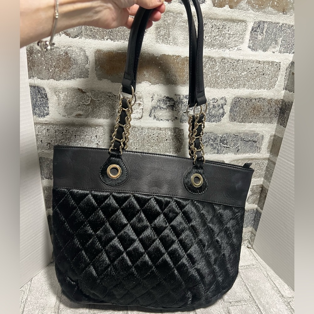 CLAUDIA FIRENZE Cowhair Black Leather DIAMOND Quilted Large Tote Bag Purse
